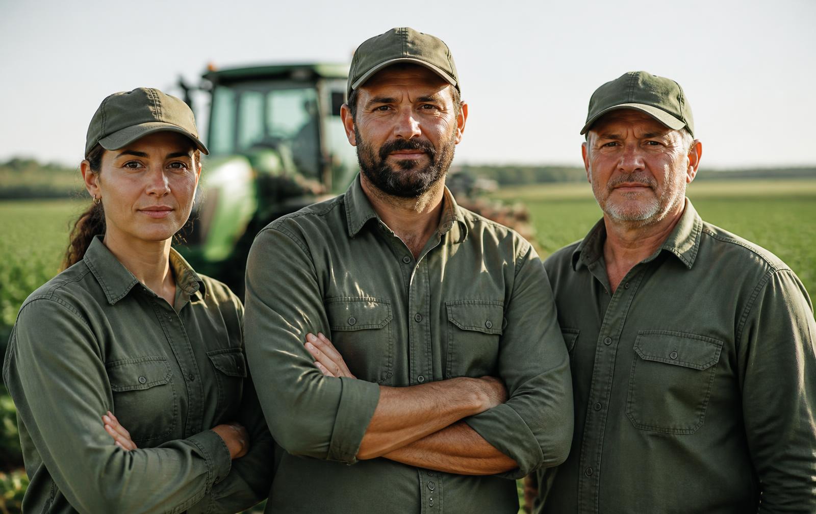 Equipe de campo com camisas de trabalho personalizadas em frente a uma lavoura