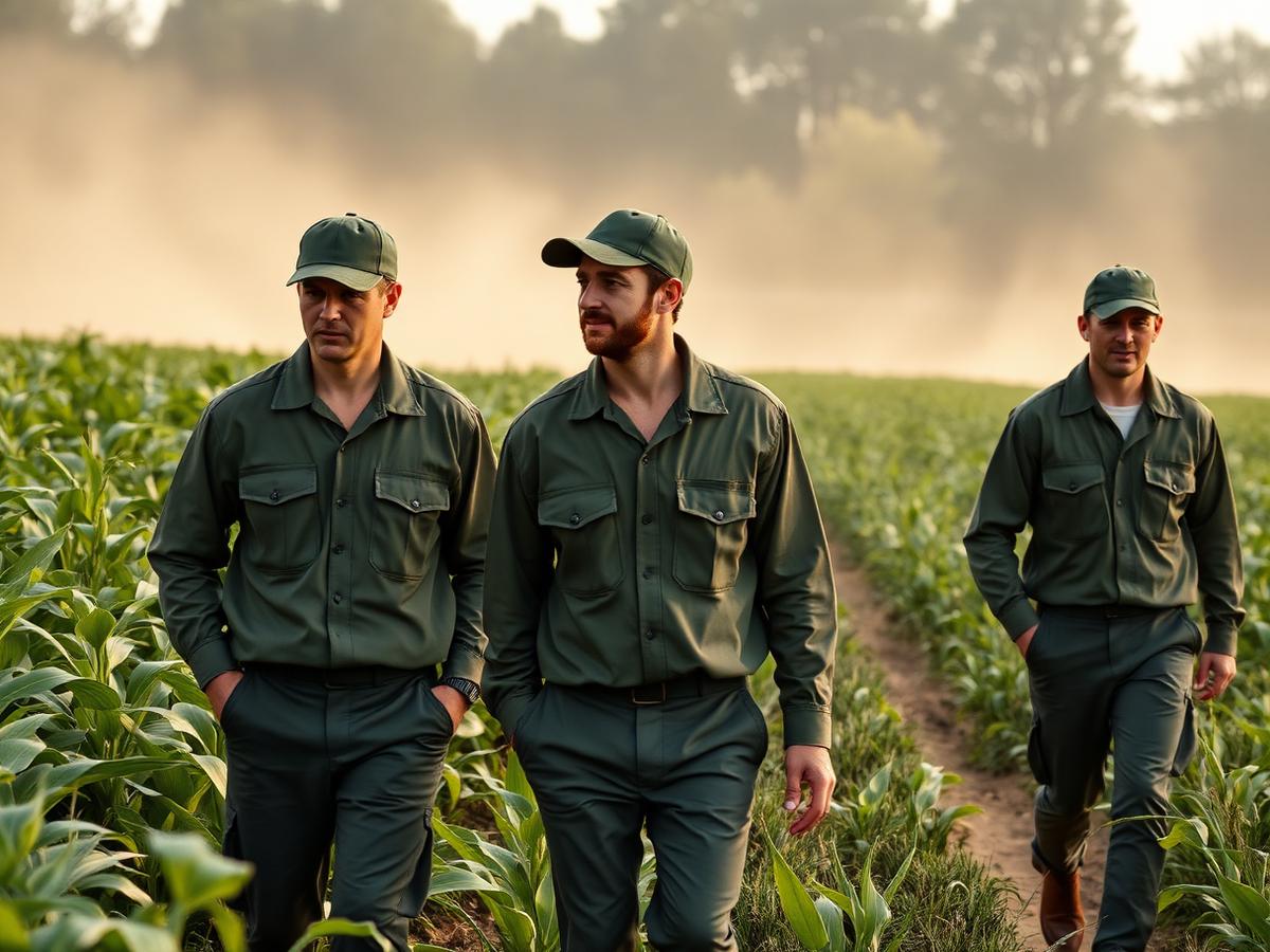 Equipe de campo caminhando na lavoura com camisas de trabalho personalizadas verde-oliva