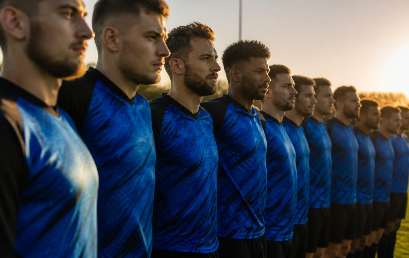 Time perfilado em campo com uniformes esportivos personalizados