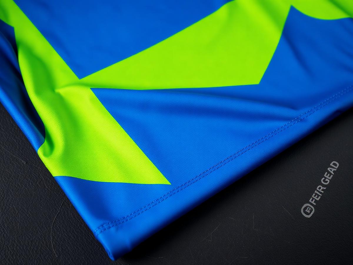 Detalhe do tecido de camisa esportiva sublimada em azul e verde-limão