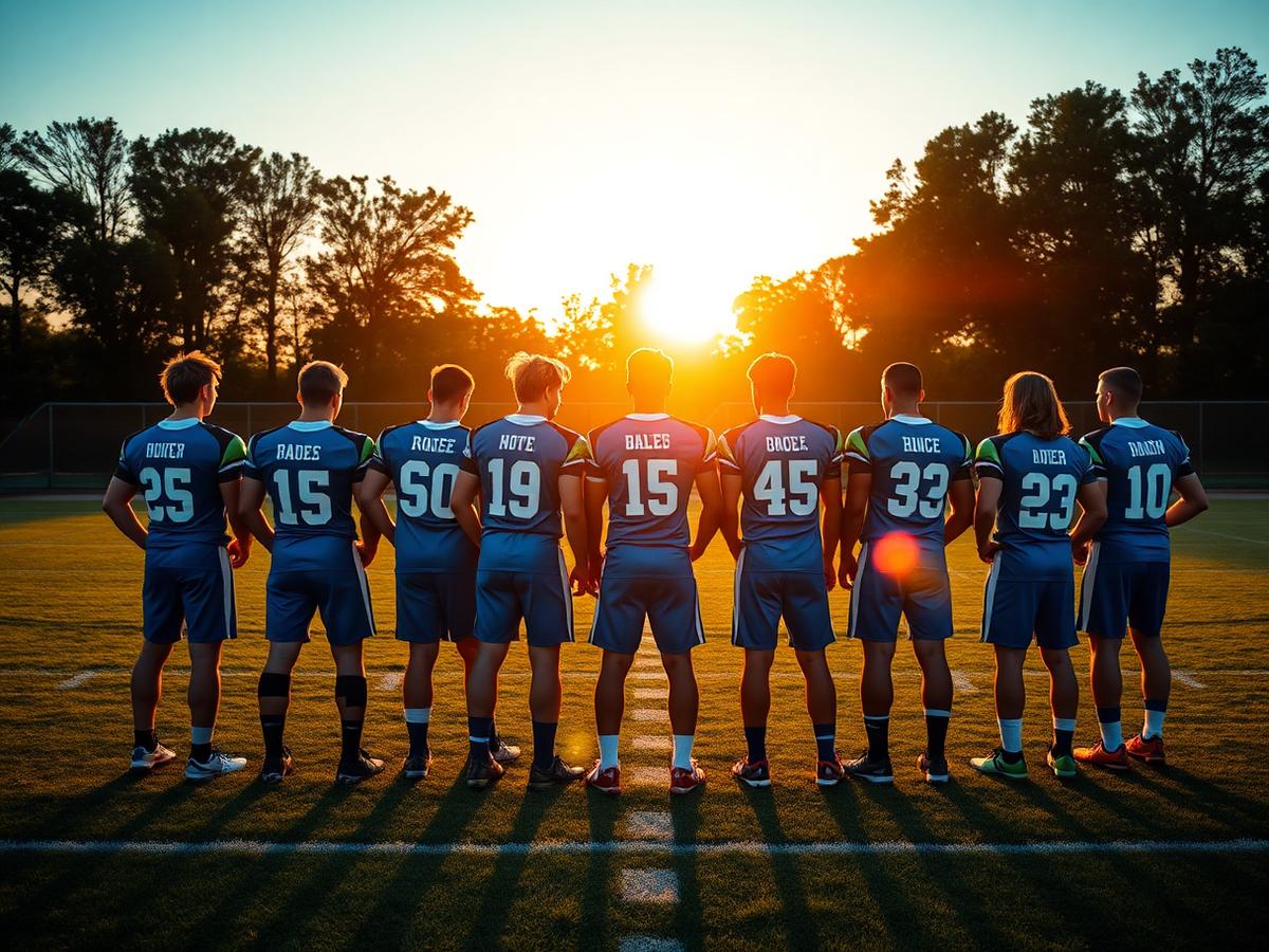 Time de futebol amador perfilado em campo com uniformes personalizados azuis