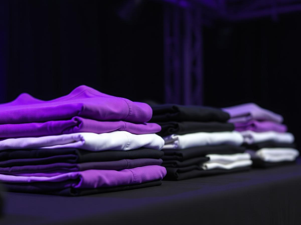 Camisetas de evento empilhadas em violeta, preto e branco