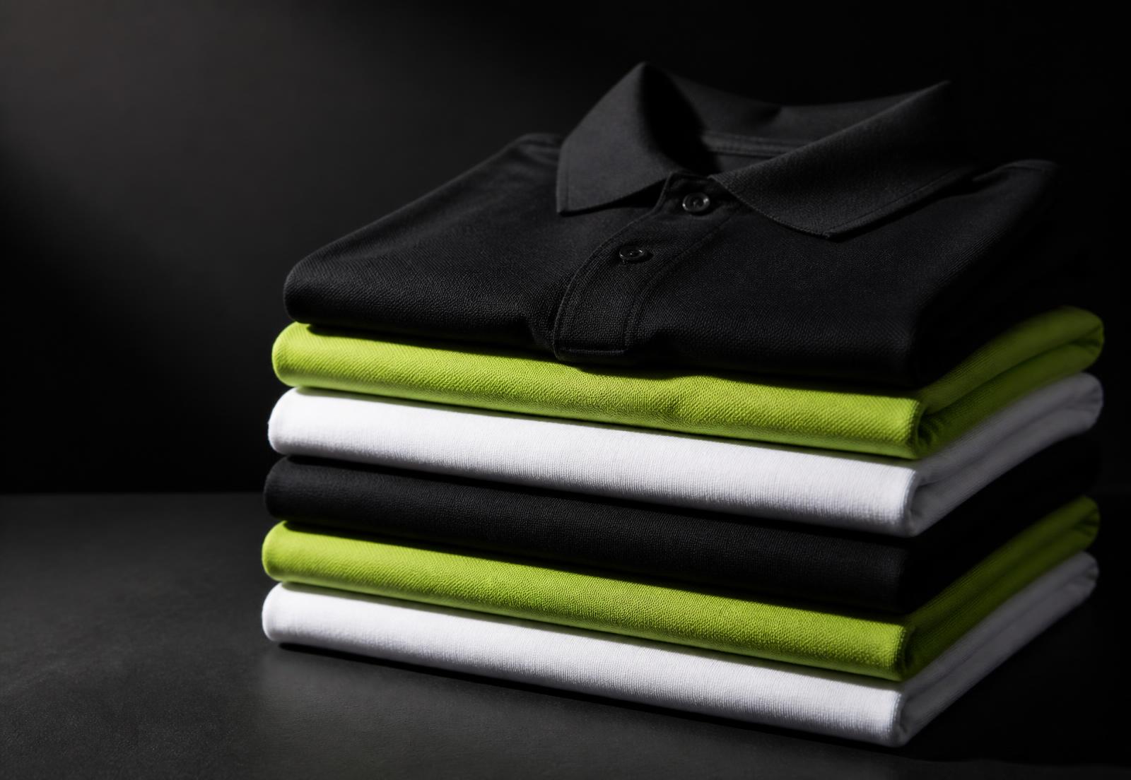 Camisetas e camisas polo personalizadas empilhadas em preto, branco e verde-limão